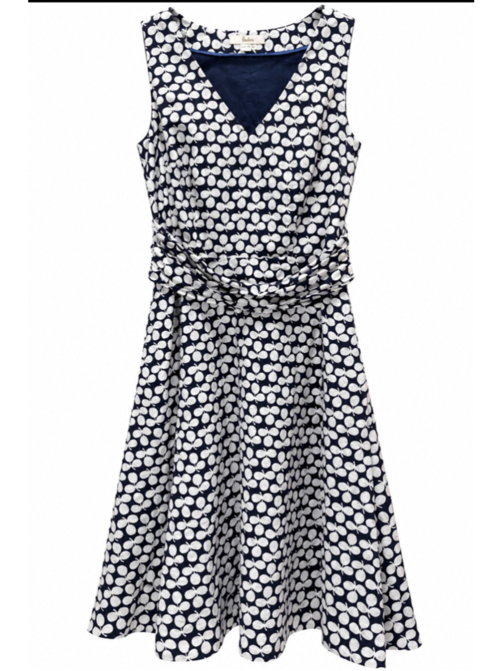 Boden Women’s Navy Blue White Leaf Print Linen Cotton Fit & Flare Dress Size 4R